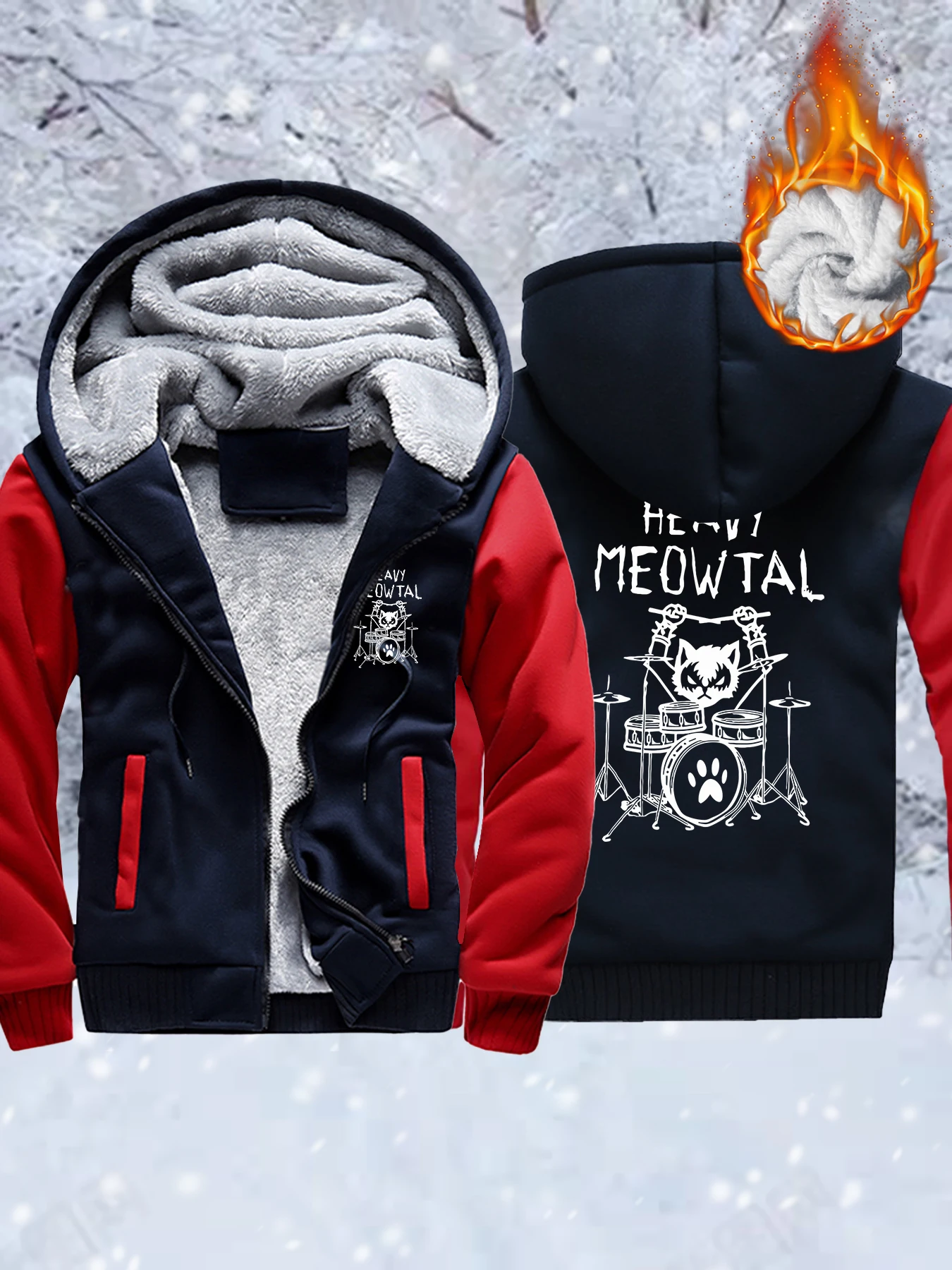 

Heavy Meowtal Cute Cat Printing Men Thicken Coats Fleece Zipper Jacket Vintage Oversized Streetwear Winter All-Match Hoodies