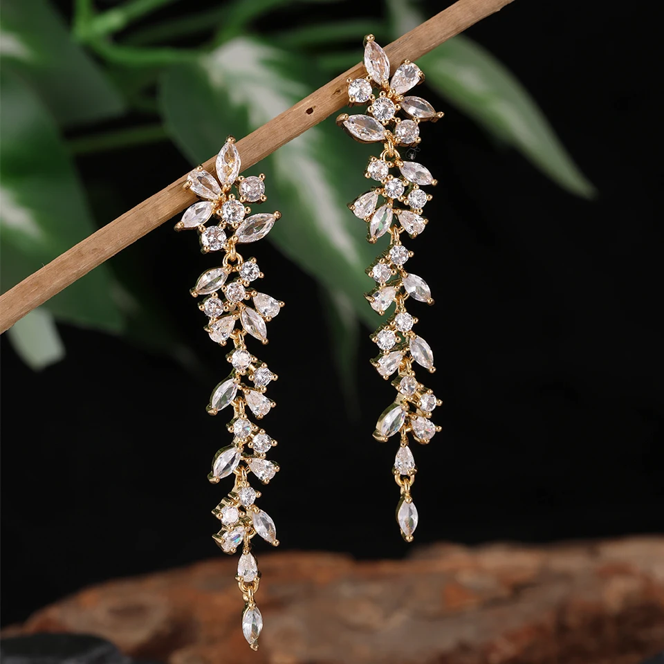 ZAKOL AAA Cubic Zirconia Leaf Long Dangle Earrings dla kobiet Eleganckie ślubne zaręczynowe akcesoria do uszu — zdjęcie 3