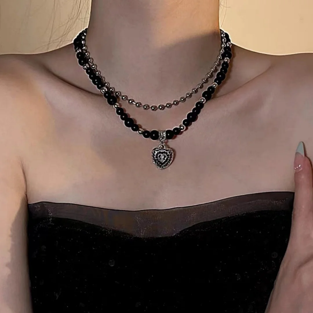

DUTRIEUX Fashion Trend Hollow Love Heart Pendant Necklace Double Layered Sexy Sweet Cool Y2K Style Lockbone Chain Choker Jewelry