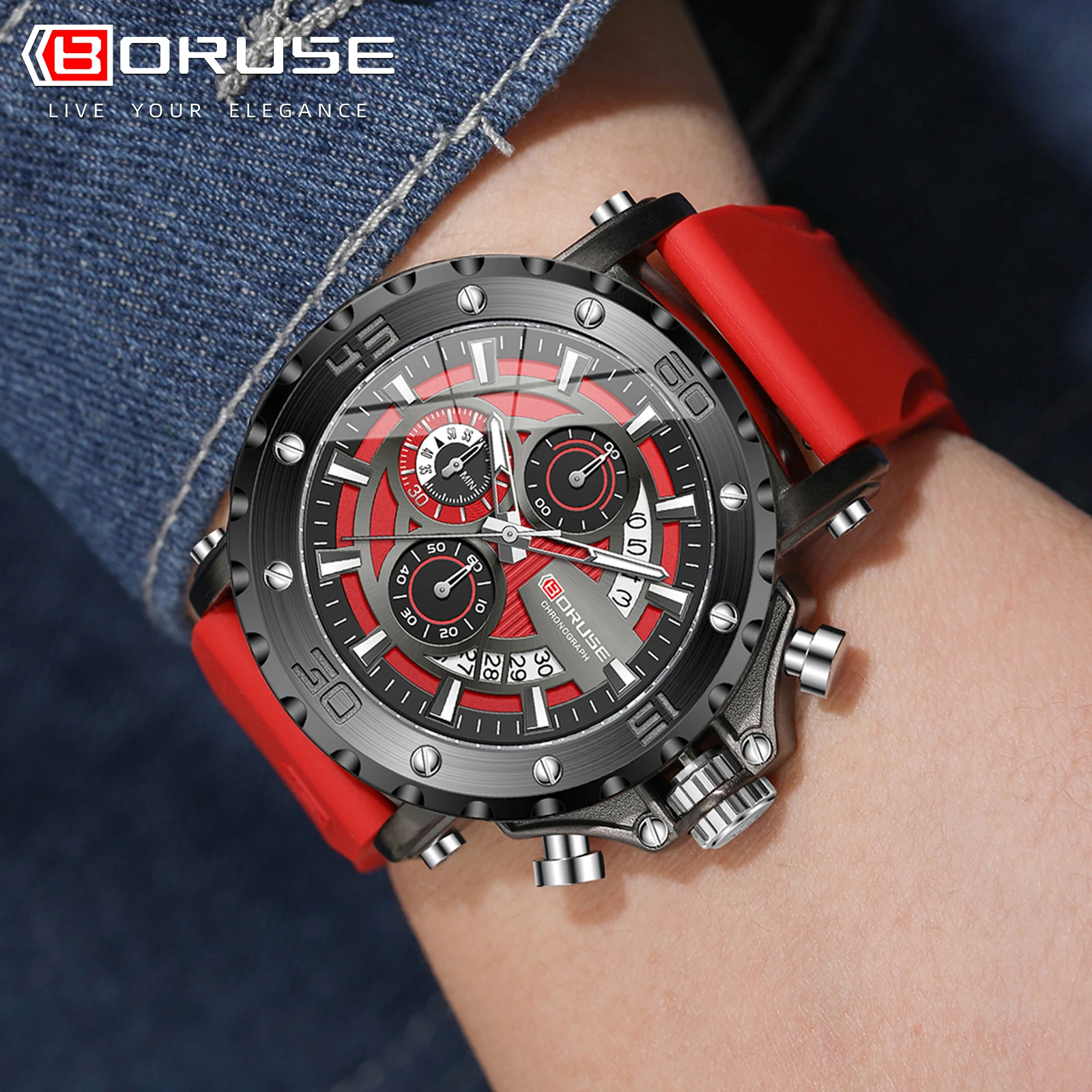 BORUSE Luxury Red Watches for Men Silicone Quartz Wristwatch Man Business Chronograph Wrist Watches Male Sports Waterproof Watch