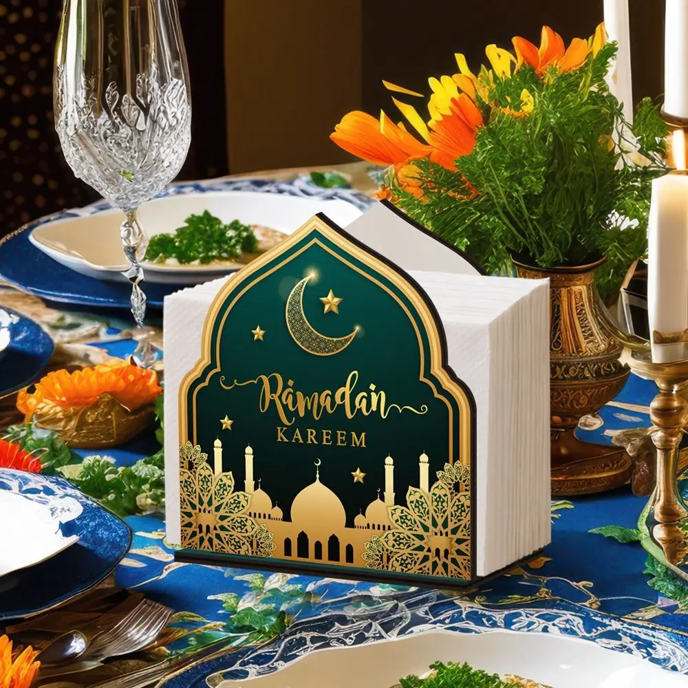 

Wooden Eid Mubarak Tissue Box Decorative Large Capacity Tissue Storage Box Anti-slip Tissue Dispenser Eid Al Fitr Celebration