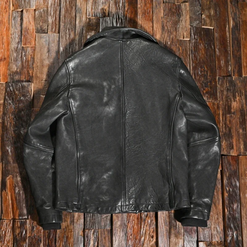 100% Genuine Leather Jacket Men Vintage Cowhide Water-dyed Sheepskin Leather Coat Male Lapel Slim Double-breasted Top Large Size