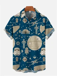 Retro Harajuku Blue Space War Planet Robot Short Hawaiian Casual Shirt Men with Print Vintage Floral Stylish Fit Men's Clothing