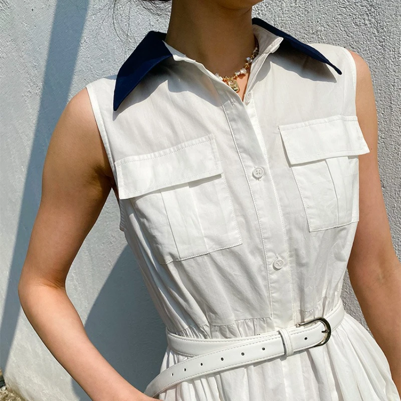 Sleeveless Eyelet Embroidered Midi Dress with Belted Waist & Shirt Collar Summer Vintage A-Line Women Dress Casual & Vacation