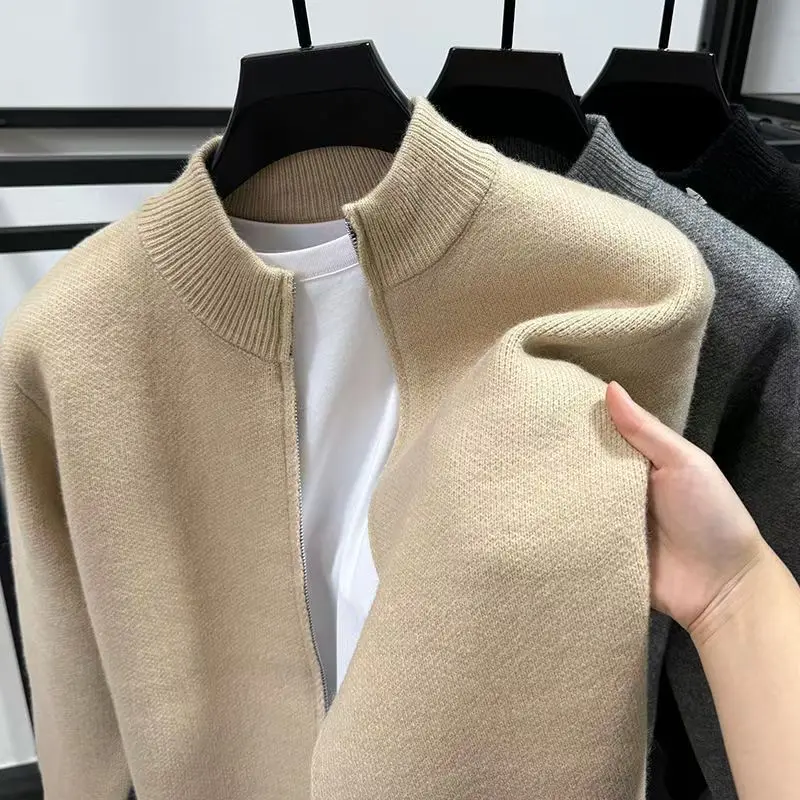Men's Thickened Solid Color Cardigan Sweater, Winter Warm-Up Vest with Standing Collar and Zipper, Knitwear Outerwear view 6