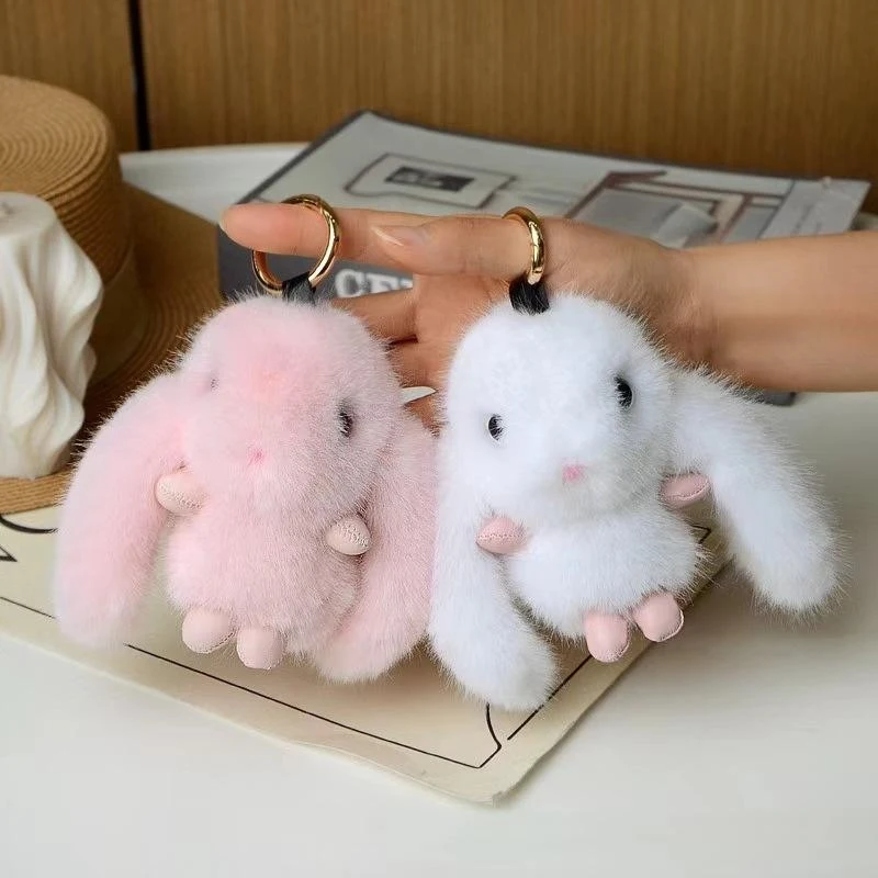 Fluffy Rabbit Pompon Keychain 2pcs Cute Fur Ball Bunny Pendant Gift For Girl Bag Car Key Charm