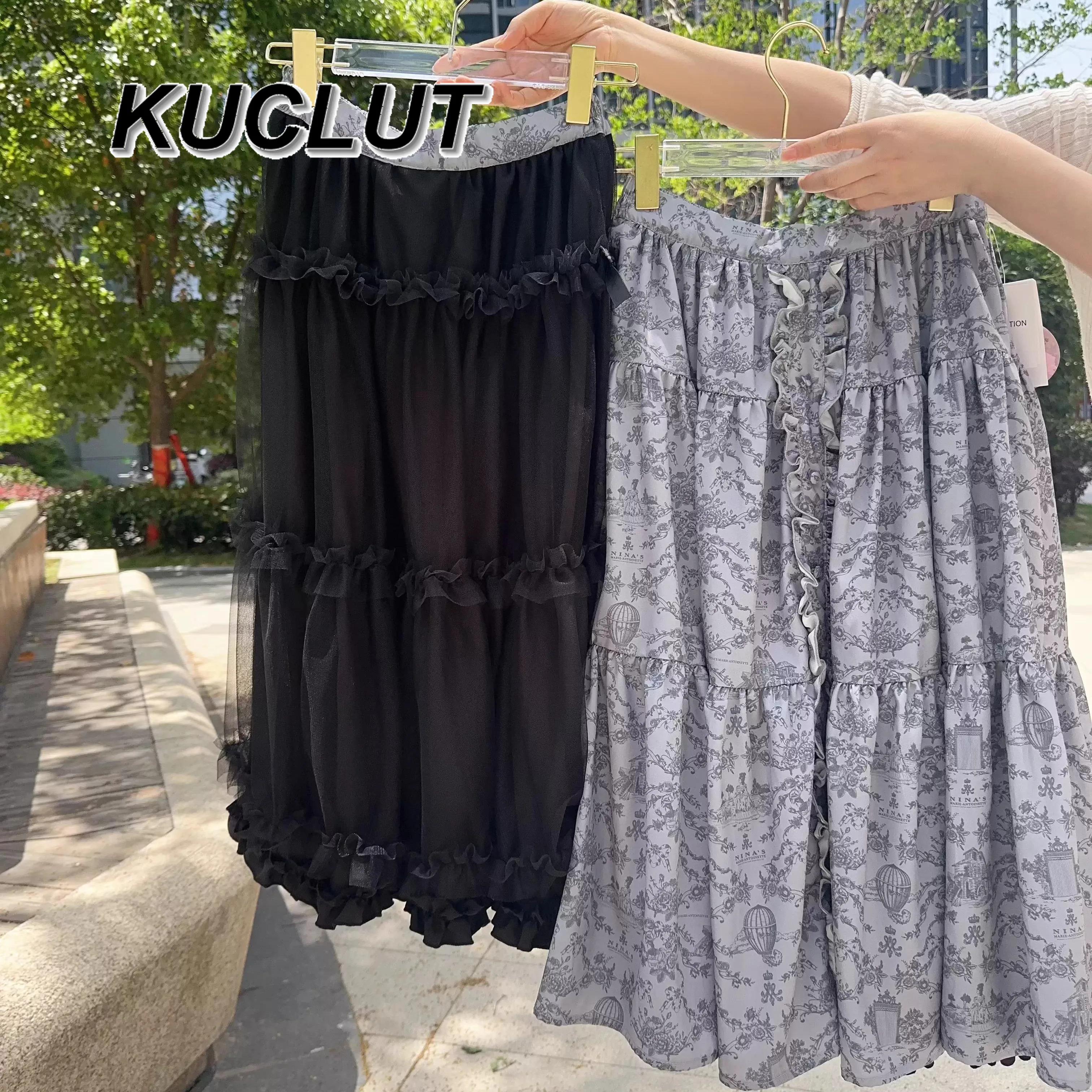 กระโปรงทรงเอ midi สไตล์ฝรั่งเศสสำหรับผู้หญิง ฤดูร้อน-ฤดูใบไม้ร่วง น่ารัก สวมใส่ได้สองด้าน เอวยางยืดอเนกประสงค์ ทรงเค้ก สไตล์ลำลอง