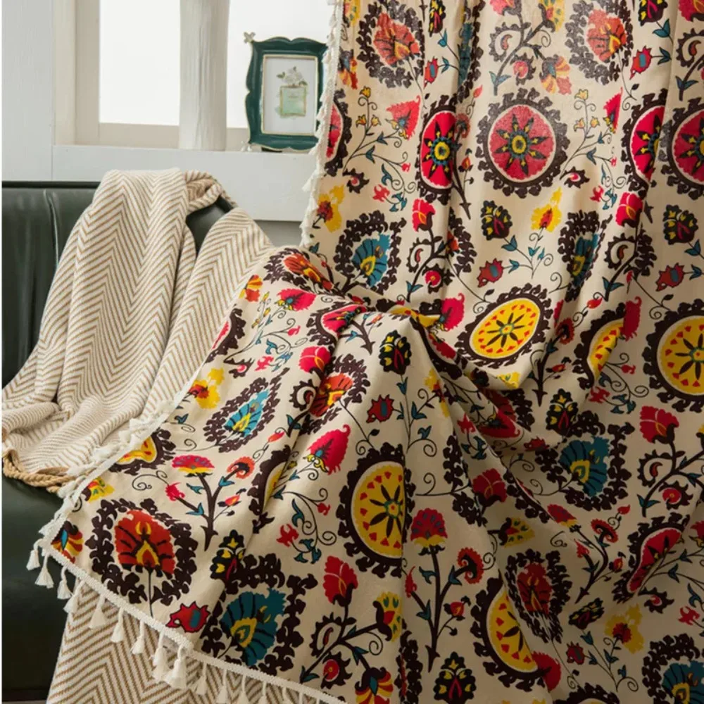 Sunflower Cotton Linen Curtains with Tassels for Living Room Bedroom Kitchen Balcony Room Floral Window Blinds Factory
