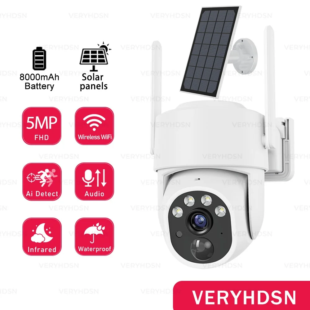 5MP Solar Camera IP WIFI Wireless Surveillance Camera PIR Human Detect Built-in Battery Powered Energy Outdoor IP66 Waterproof