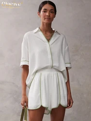 Clacive Summer Loose White Cotton Women Two Pieces Set 2025 Casual Short Sleeve Shirt With High Waist Shorts Set Female Clothing