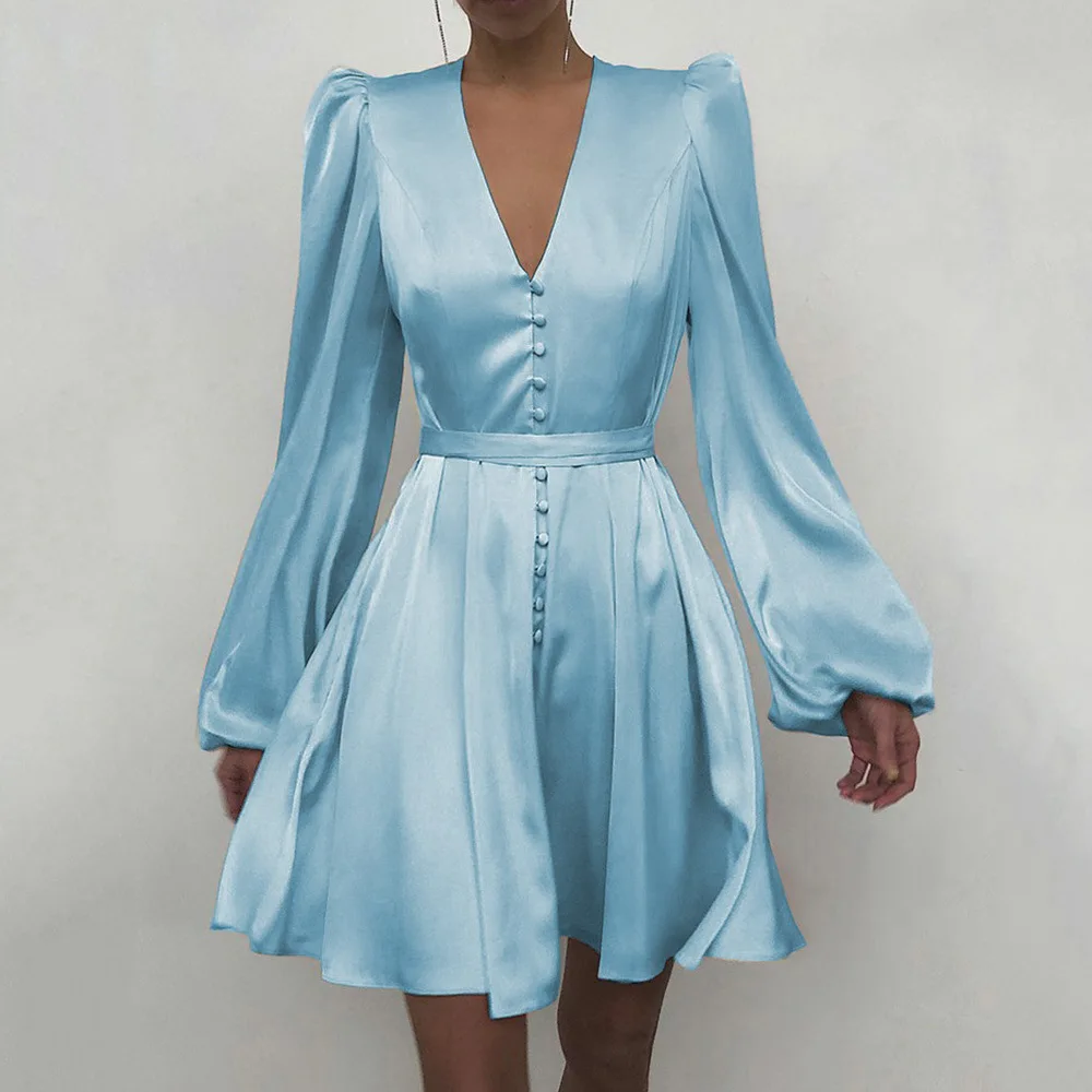 Elegante vestido de fiesta rojo para mujer, vestido Midi de satén con cuello en V, botones de manga larga, línea A, sólido, otoño