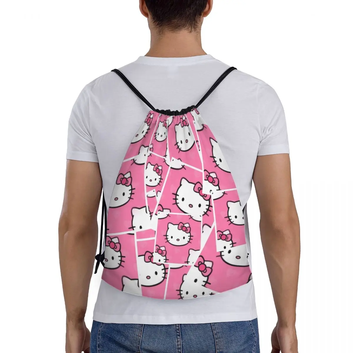 Custom Hello Kitty Cartoon Cat Pattern Drawstring Backpack Sports Gym Bag for Men Women Shopping Sackpack