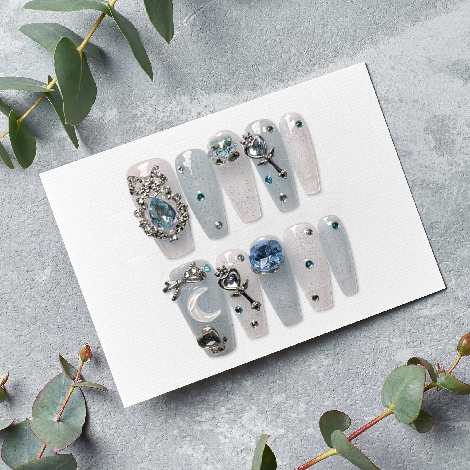 White Blue False Nails with Glitter Decor Easy to Apply Simple to Peel off Nails for Shopping Traveling Dating