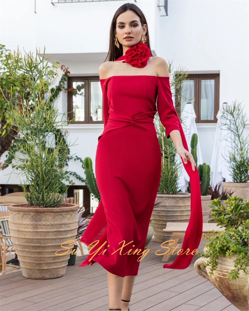 Customized  Graceful Off the ShouldSleeveless Evening Dress Delicate Flowers Ribbons Party Dress Classic Half Sleeves P