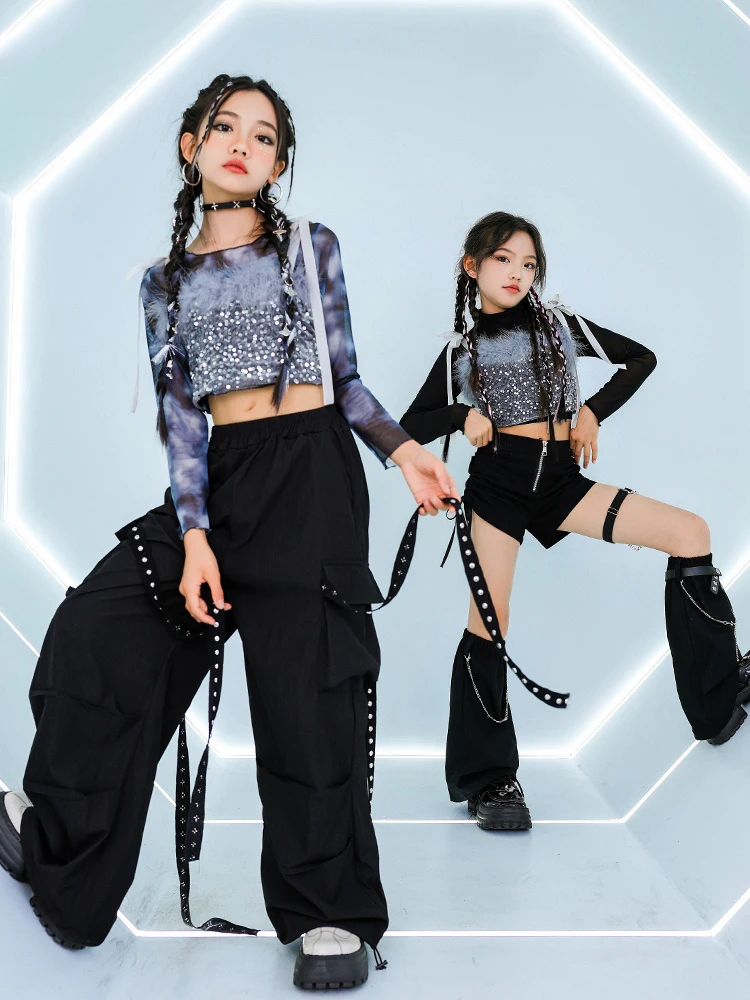 Girls Hip Hop Dance Costume Sequin Vest Black Pants Jazz Kpop Performance Clothing Fashion Catwalk Outfits Stage Wear BL13278