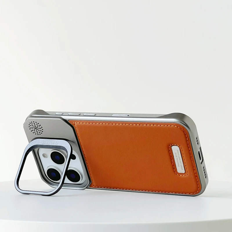Lens Kickstand Borderless for MagSafe Phone Case for iPhone 16 17 16pro max 15 14 13 Magnetic Wireless Charging PU Leather Cover