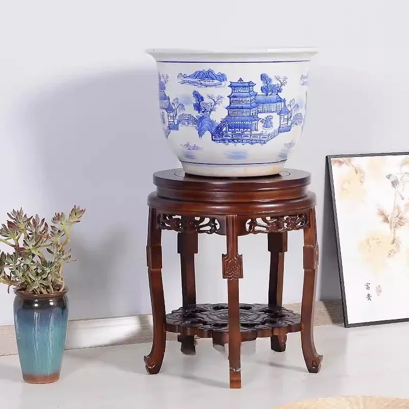 

Round base bonsai rack, living room vase fish tank Chinese antique solid wood flower indoor wine jar rack, strange