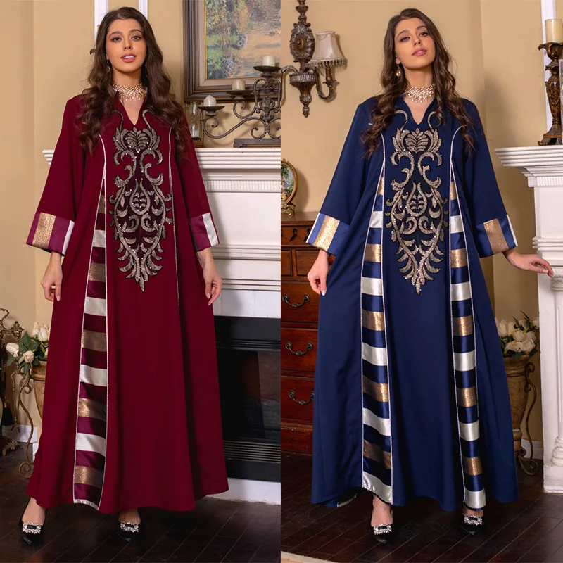 

Elegant Casual Floral Embroidery Patchwork Long Dresses Vintage Contrast Color Kaftan Ramadan Gulf Abayas for Women