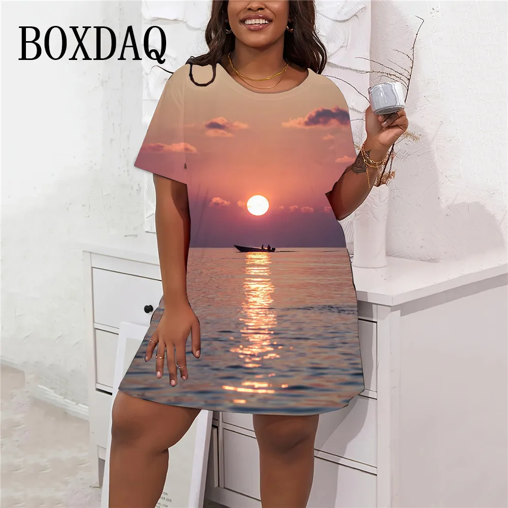 Vintage Natural scenery 3D Boat Printed Dresses For Summer 2024 Women Pullover Short Sleeve Loose Dress Plus Size Sundress Retro