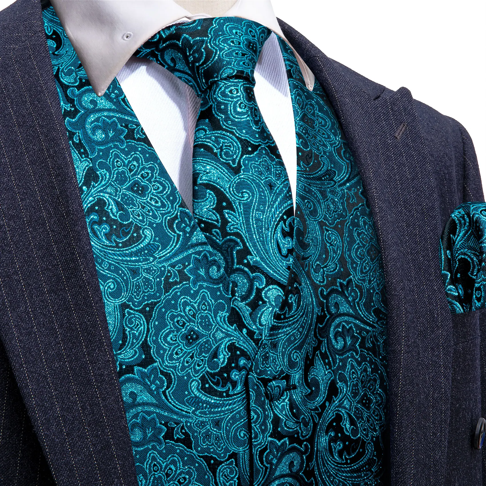 Elegant Mens Suit Vest Silk Green Teal Peacock Blue Turquoise Male Dresss Slim Fit Waistcoat Formal Jacket Gilet Barry Wang