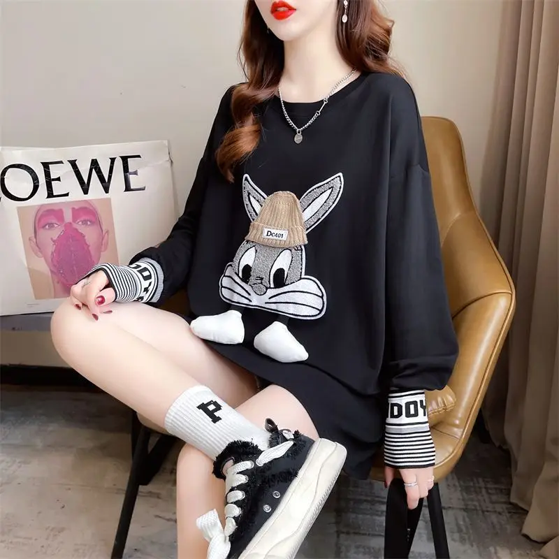 Winter Fleece Loose Fashion Printing O-neck T-Shirts Women Clothing Casual Letter Long Sleeve Striped Mid Length Top Female Tops