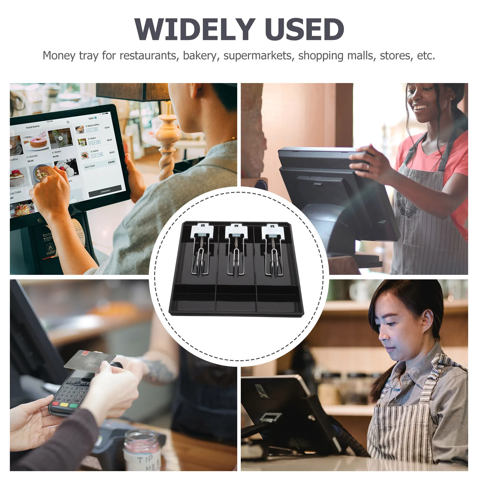 

Лоток для денежного ящика с несколькими отделениями, пластиковый органайзер для денег, металлические зажимы, магазин, супермаркет, кассовый аппарат, вставка для ящика