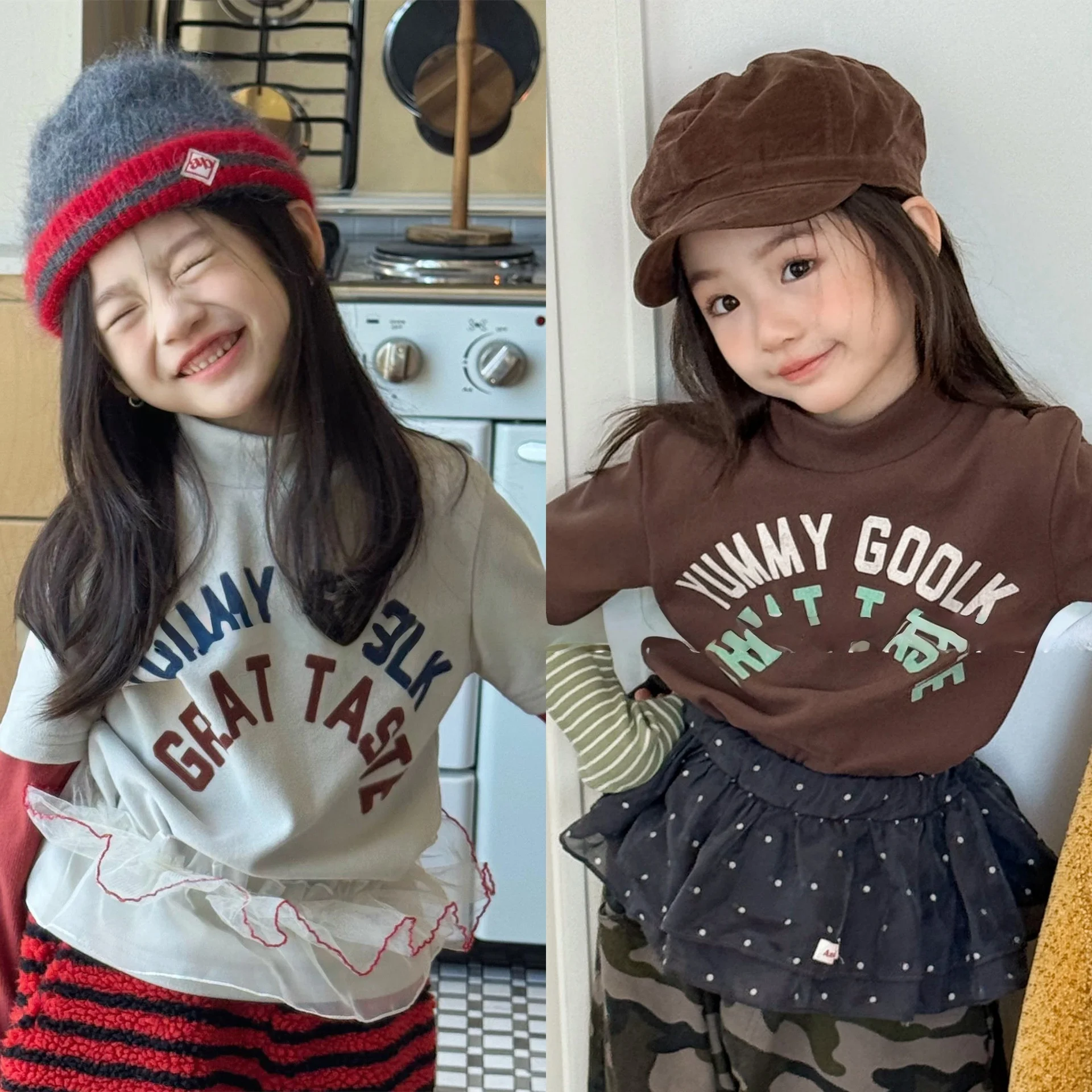 

1-6Y Kids Boy Girl Clothes 2025 New Fake Two-Piece Top Letter Print Turtleneck Brushed Base Layer Shirt Long Sleeve Outfit