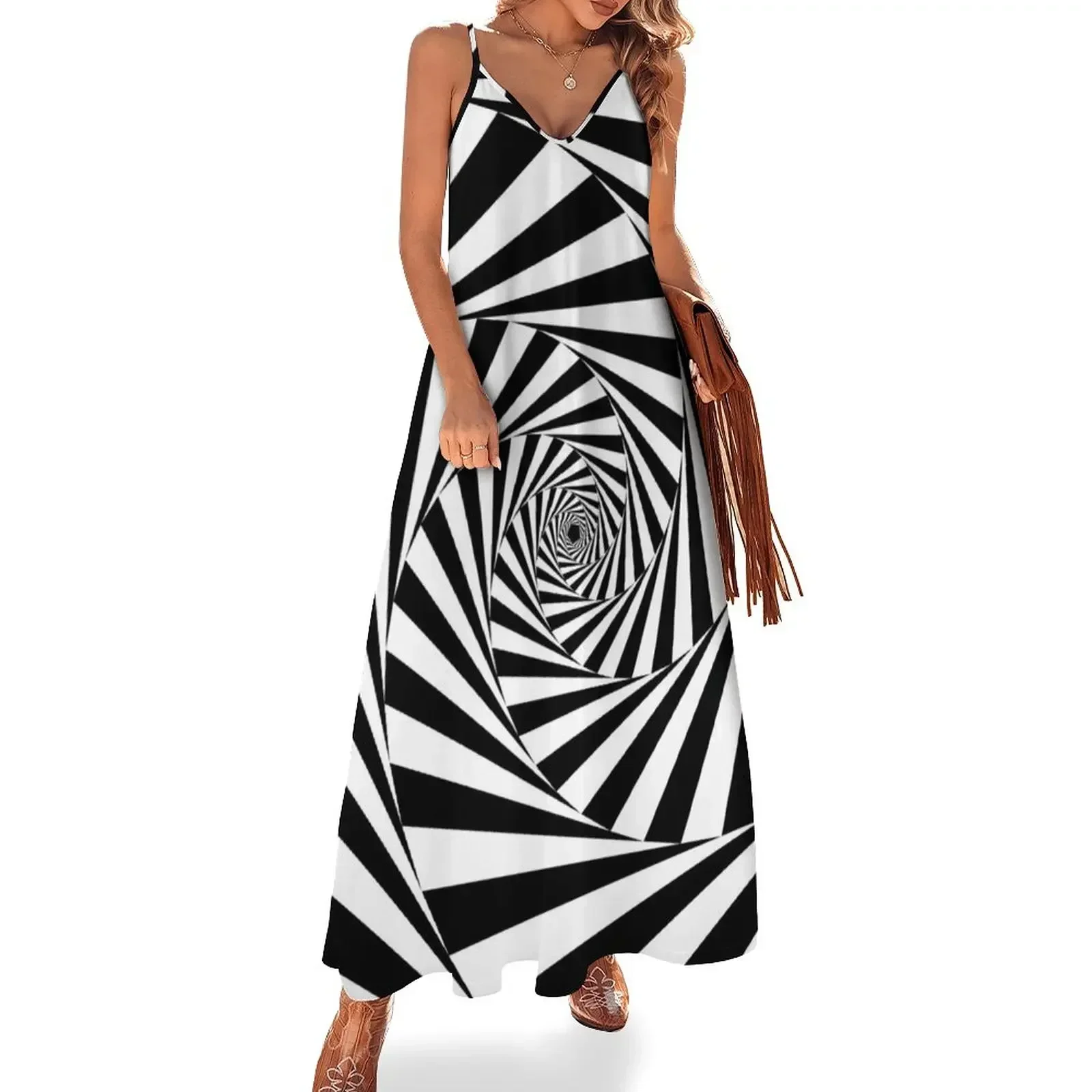 Aperture Spiral - Black and White Optical Illusion Sleeveless Dress Female dress Dress