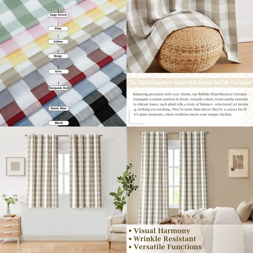 

63 Beige & White Buffalo Plaid Insulated Curtains, 40x63, Rod Pocket, 2 Panels for Bedroom or Living Room