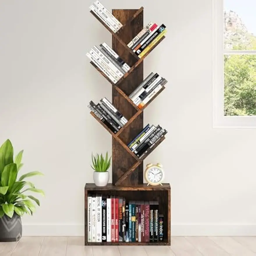 6 Tier Tree Bookshelf, Sturdy Retro Floor Standing Wood Bookcase, Storage Rack for Home Office, Living Room, Bedroom