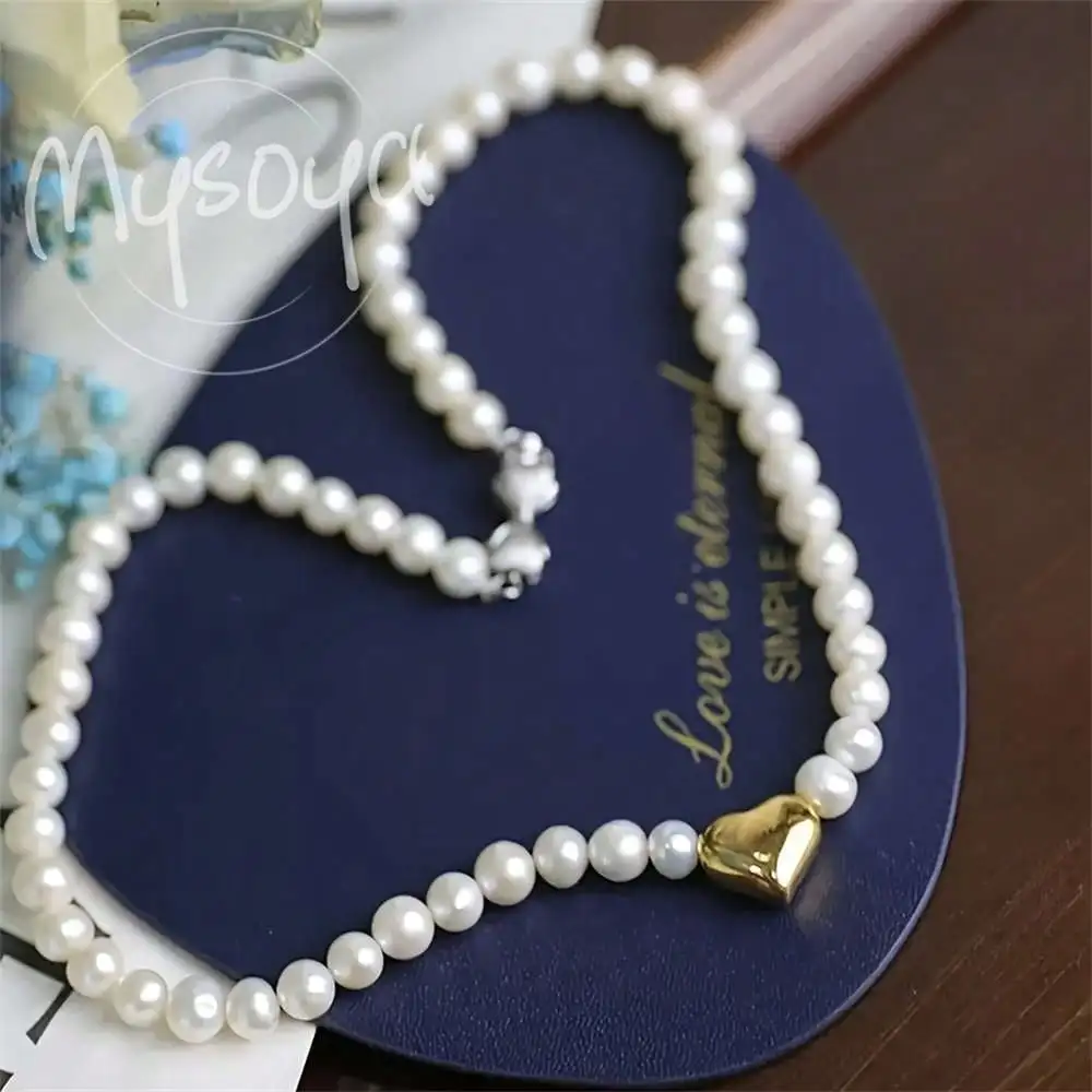 

MYSOYA Freshwater Pearl Necklace 7-8mm Pearls With 18k Golden Heart & Bow Clasp Gift Box for Her Wedding Christmas Birthday Gift