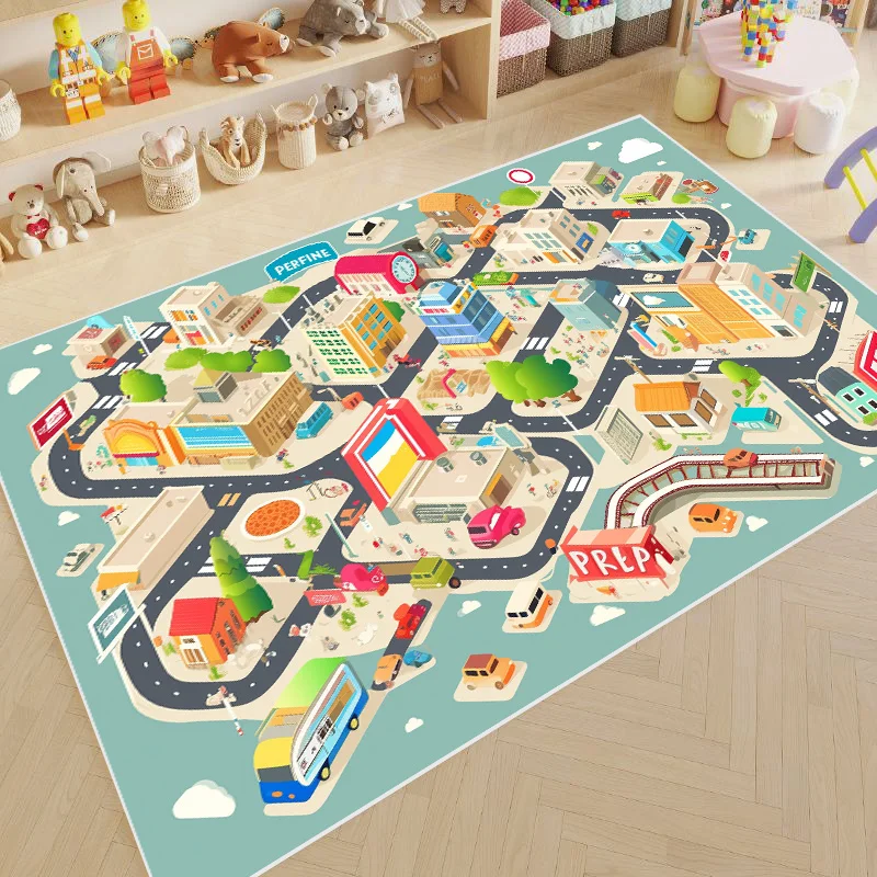 Cute Soft Children Room Carpet Funny Traffic Road Cartoon Play Mat Living Room Decoration Home Non-slip Plush Large Rug Washable