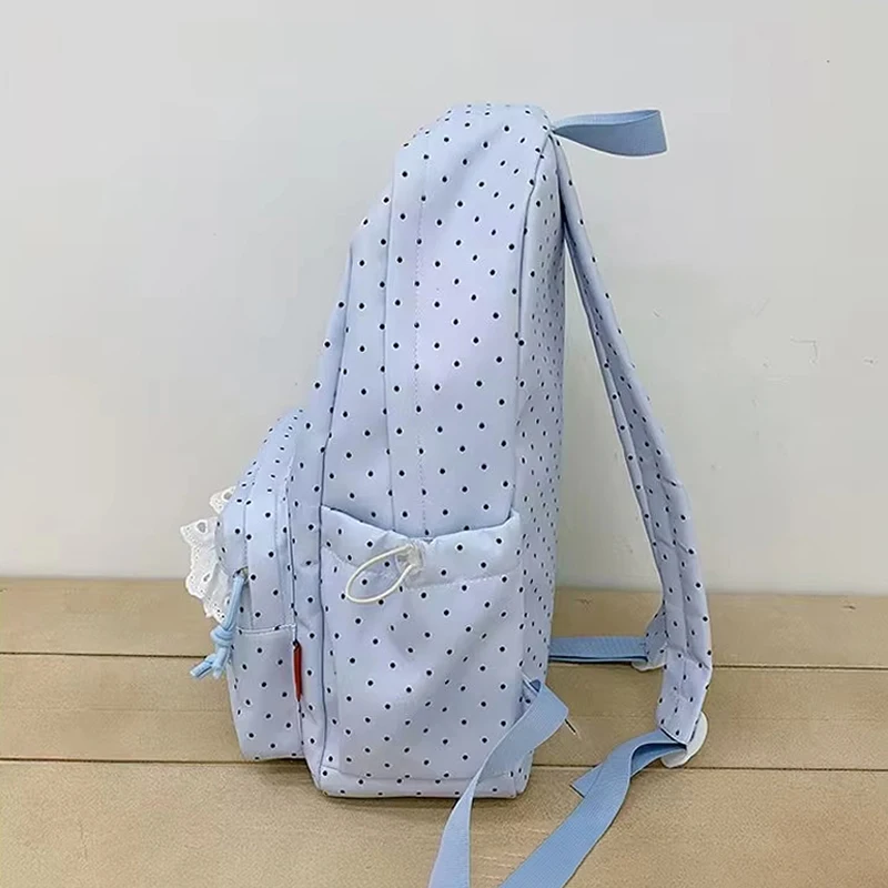 Modischer Rucksack, Damen-Schulrucksack mit Polka-Dot-Muster, süßer Spitzenbesatz, koreanischer leichter Schulrucksack mit großer Kapazität für Mädchen und Studenten – Detail 7