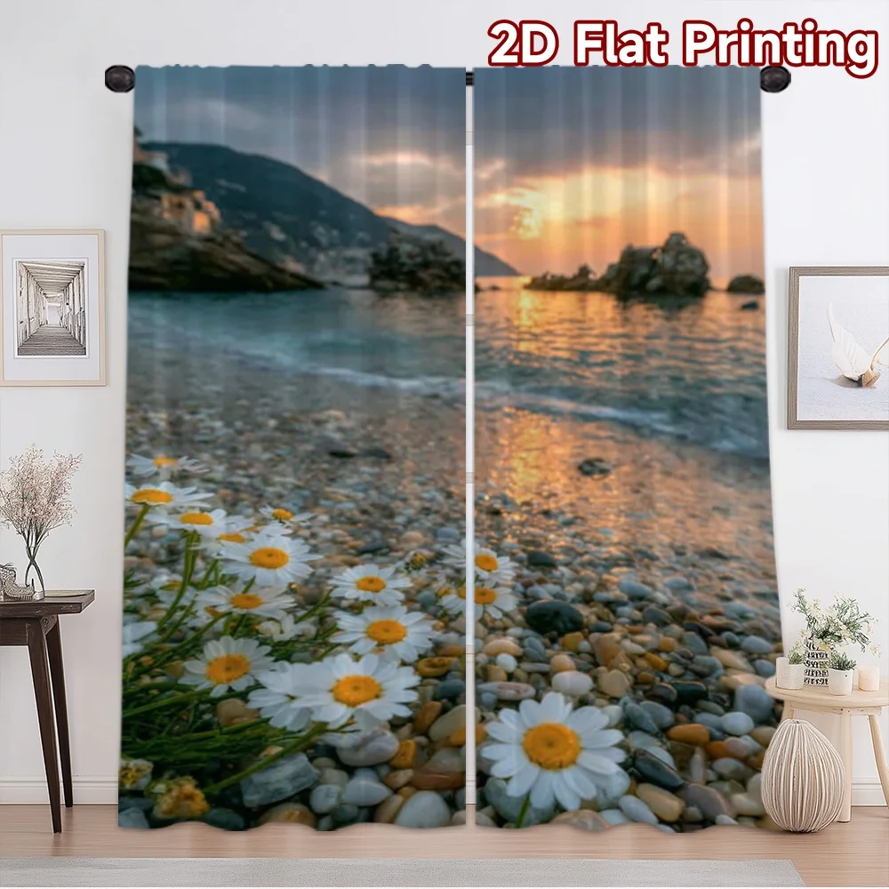 2D flat printing 2pcs Curtain Curtains Beach Sunset with Daisies Digital Printed Polyester Drapes Birthday Party Perfect for
