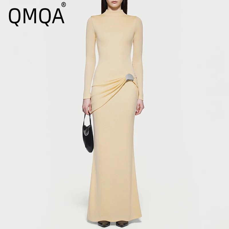 QMQA Fashion Women's Elegant Designer Dress Stand Collar Shirring Solid Color Slim Fit Simple Ruched Party Dresses 2025 QM709