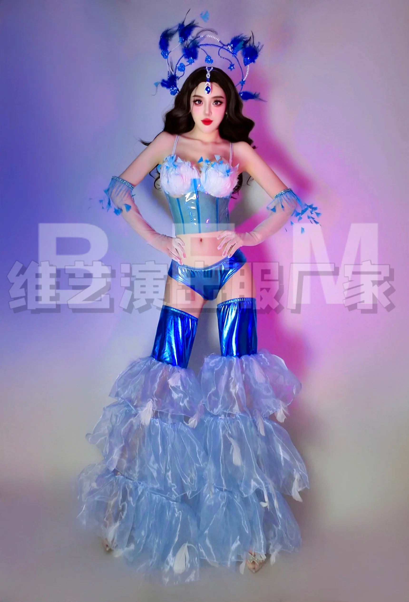 

Drag Queen Outfit Sexy Gogo Performance Costume Nightclub Bar Show Wear Female Corset Hot Shorts Leg Cover Feather Headwear