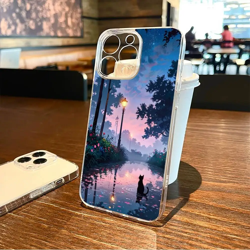 حافظة هاتف قطة تنظر إلى النجوم في السماء الليلية لهاتف آيفون 17,16,15,14,13,12,11 Plus,Pro Max غطاء شفاف ناعم #3