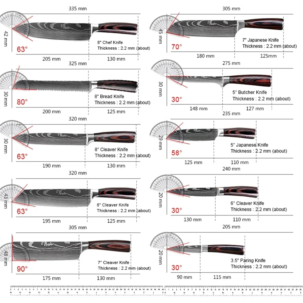 8pcs Utility Kitchen Knife Multifunction Cleaver Paring Bread Cutter Chef Special Knife Sets With Knife Cover and Nylon Bag