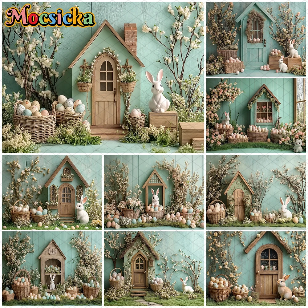 

Mocsicka Easter Photography Background Spring Birthday Party Backdrops Flowers Eggs Rabbit House Decor Photo Studio Props Banner