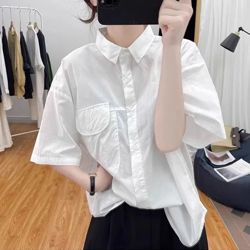 Korean Summer New Female Pure Cotton Short Sleeved Shirts Blouse Women Loose Thin Casual Fashion All-Match Tops Shirt Ladies