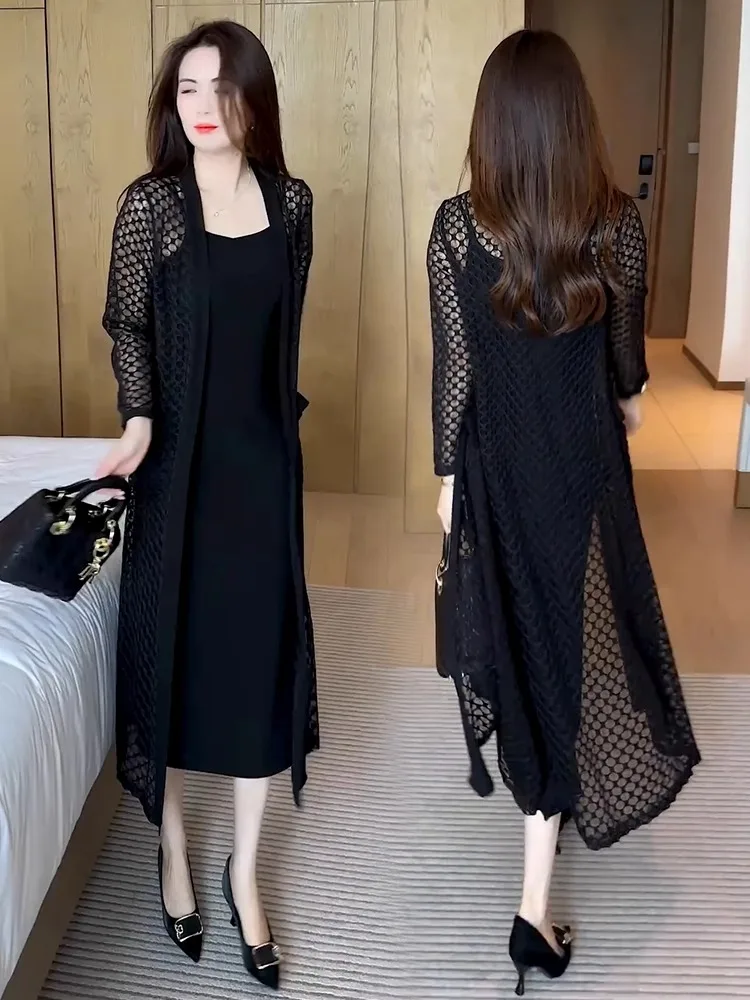 Summer New Women's Midi Dr Set Slimming Sunscreen Outer awl Strap Dr Two-Piece Set Casual Sle Floral Hollow out