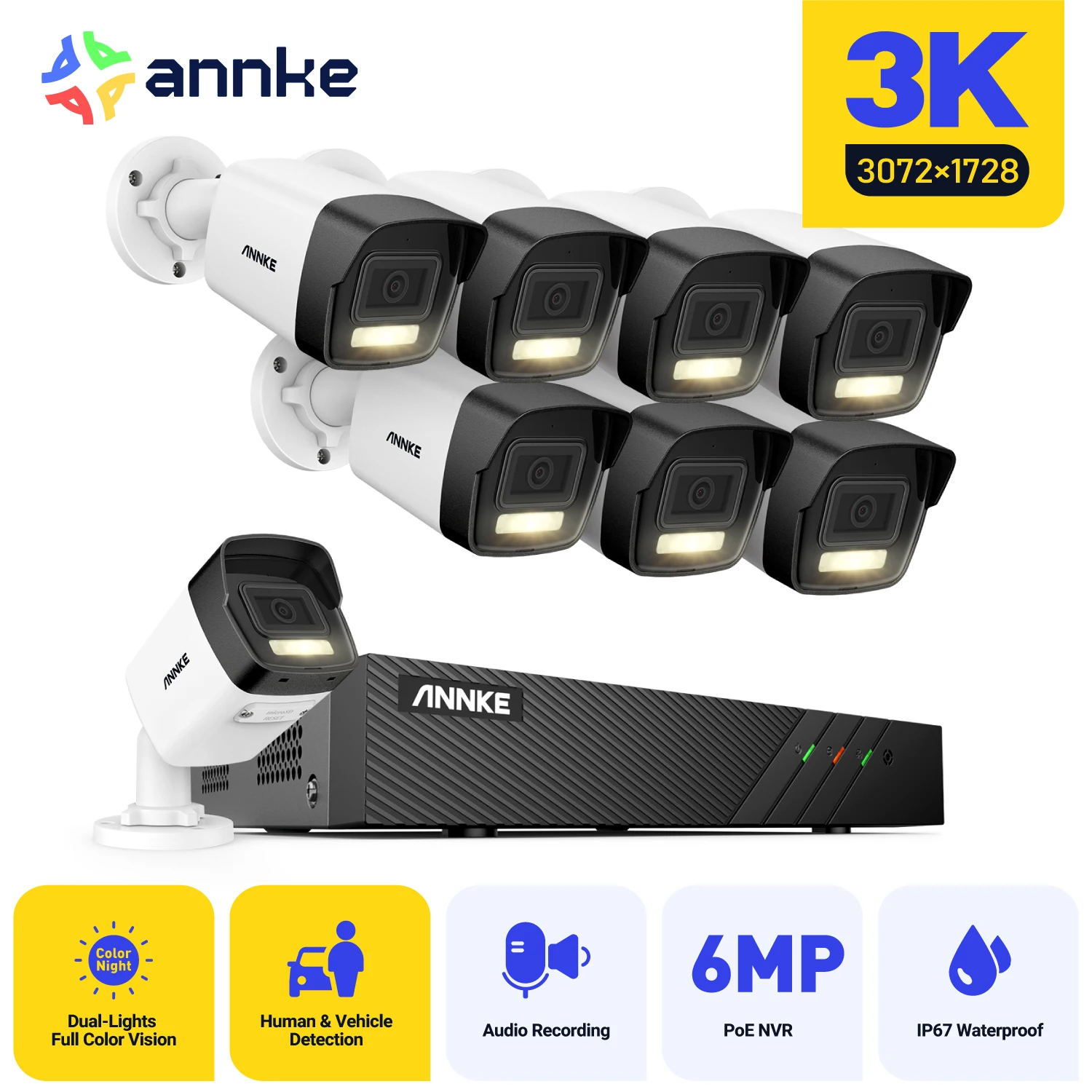 ANNKE 3K Security Surveillance System,8×5MP POE Camera Color Night Vision Remote Access CCTV Home Surveillance Cameras H.265+