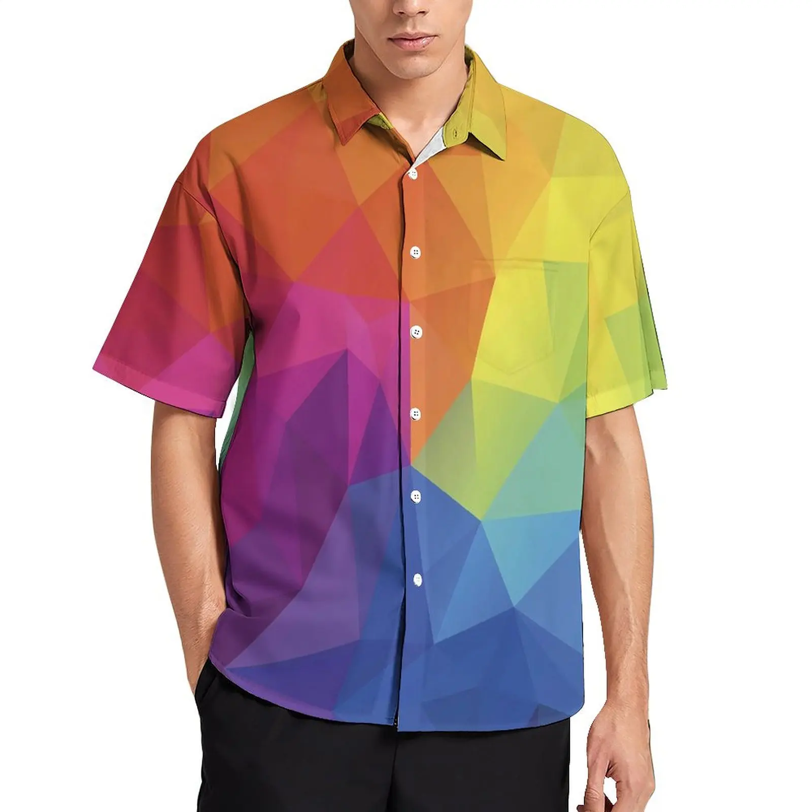 

Hawaii Shirt Beach Abstract Rainbow Blouses Colorful Geometry Elegant Casual Shirts Men Short Sleeve Stylish Oversized Clothes