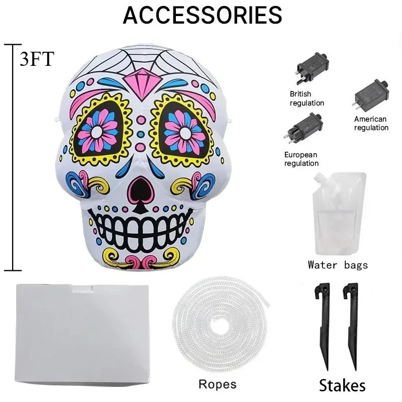 3FT aufblasbares Spielzeug, Zuckerschädel, Halloween-Dekorationen, aufblasbare Dekoration für Garten, drinnen und draußen, mit LED-Licht, für Zuhause, Party, Urlaub