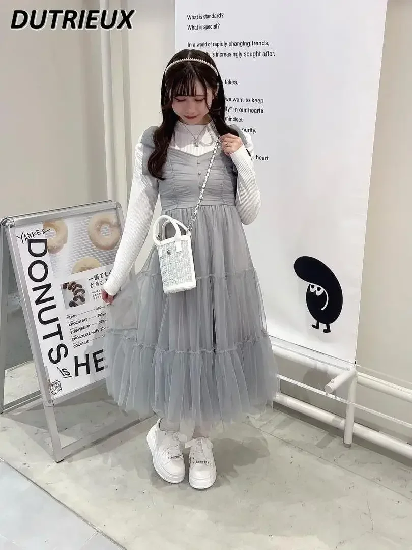 Estilo japonês doce menina fada suspender cintura vestido outono laço plissado em camadas malha sem mangas vestidos de comprimento médio