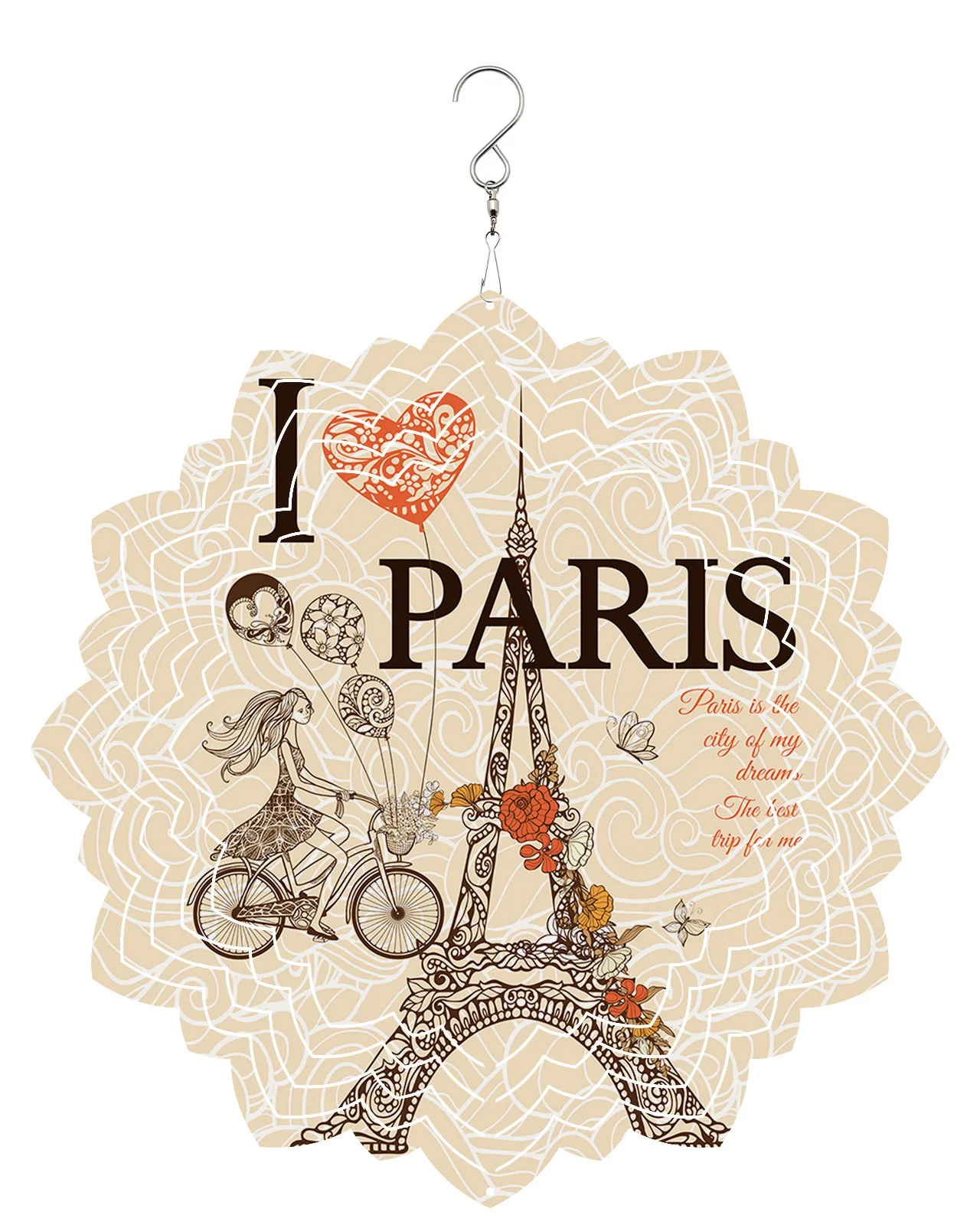 Red Love Girl Cyclist Eiffel Tower Paris Outdoor Wind Chime Garden Stainless Steel Hanging Home Decor 3D Rotating Wind Spinner