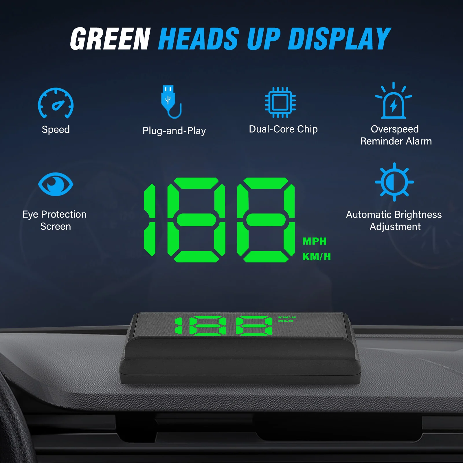 Switchable Voltage 5V For All Cars Digital Speedometer HUD White Reflective Triple Over-Speed Alarm Auto Light Sensor KM/H MPH