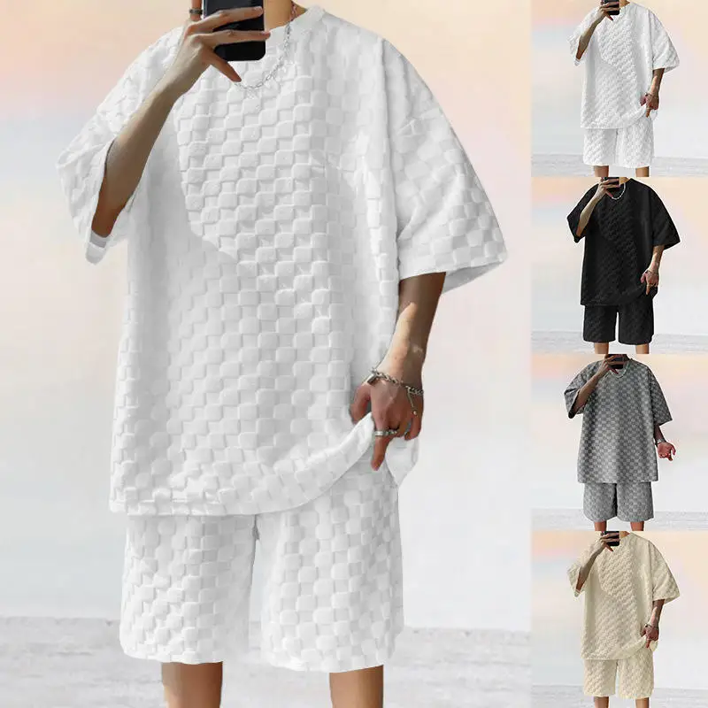 

Oversize Trendy Men's Clothing Checkered Loose Sports Casual Two-Piece Set Summer Short Sleeve T-Shirt And Shorts Set