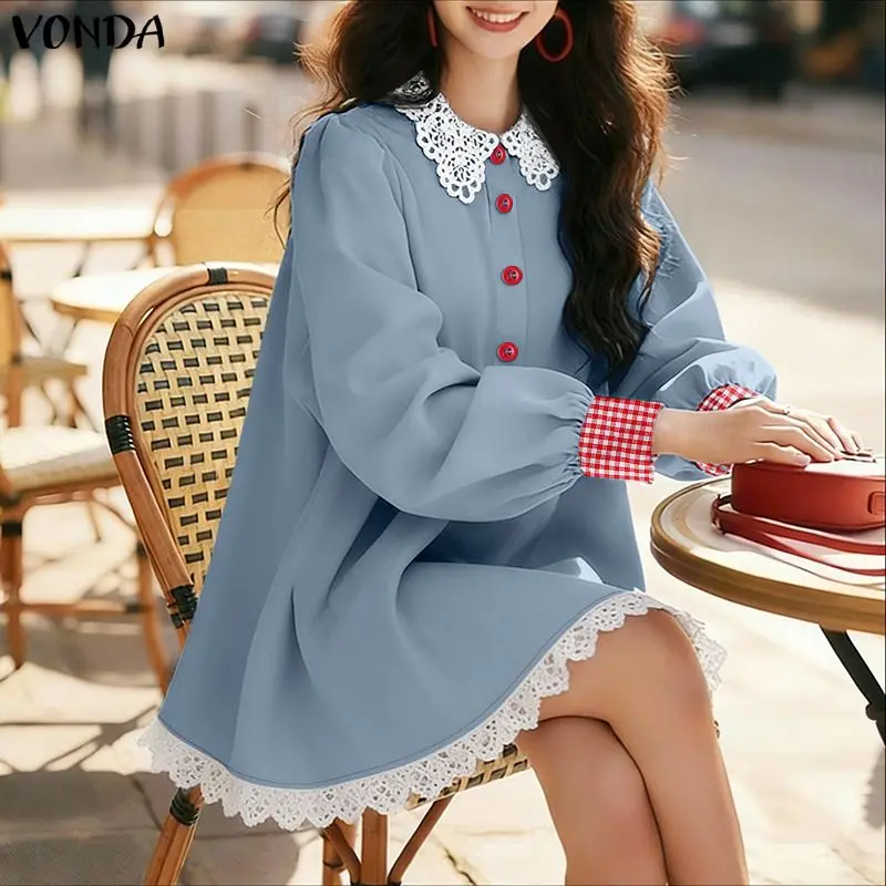 Plus Size 5XL VONDA Elegante Mini-jurken met lange mouwen Damesmode Patchwork Plaid Zonnejurk Zomer Kant Kantoor Korte vestidos