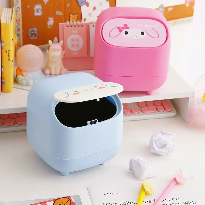 Kawaii Sanrio Hello Kitty My Melody Cinnamoroll Desktop Garbage Can Anime Figure Covered Bedside Wastebasket Rubbish Storages